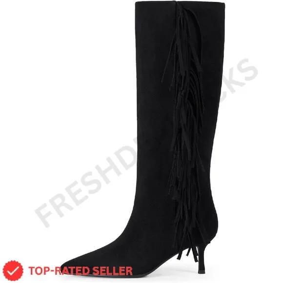 Brand New Modatope Knee High 6 Black Fringe Boots - Picture 2 of 4